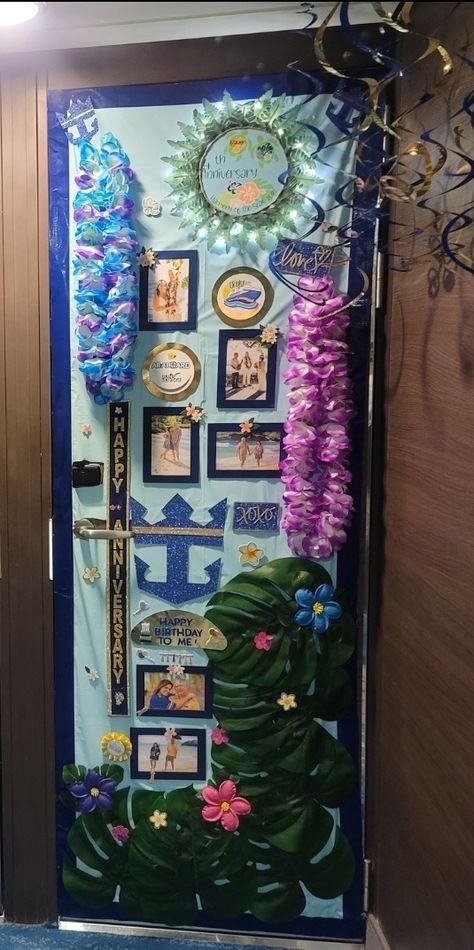 Our door decor on Royal Caribbean Harmony of the Seas. It was our 4yr anniversary and my birthday. Royal Caribbean Door Decorations, Royal Caribbean Door Decorations Ideas, Cruise Door Decorations Royal Caribbean, Cruise Cabin Door Decorations, Cabin Door Decorations, Cruise Stateroom, Cruise Door Decorations, Royal Carribean Cruise, Anniversary Cruise