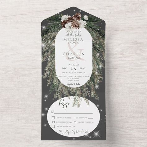 Pinecone Bouquet, Sparkle Overlay, Christmas Wedding Invitations, Winter Sparkle, Wedding Themes Winter, Wedding Enclosure Cards, Rsvp Postcard, Sparkle Wedding, Boho Green