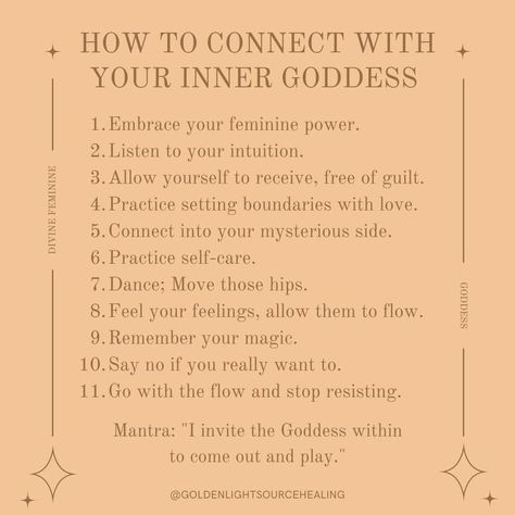 How To Divine Feminine, How To Connect To Feminine Energy, Embrace Your Inner Goddess, How To Connect With Your Divine Feminine, Divine Goddess Affirmations, How To Be A Goddess Tips, Feminine Goddess Energy, Inner Goddess Affirmations, Connect With Feminine Energy