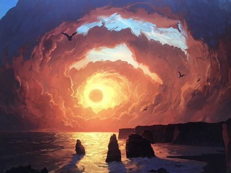 Swirling Clouds, Sunrise Concept Art, Sun Kingdom Fantasy Art, Cloud World Concept Art, Sunrise Fantasy Art, Surreal Clouds Painting, Hawk Tattoo, Adopt Idea, Bizarre Art