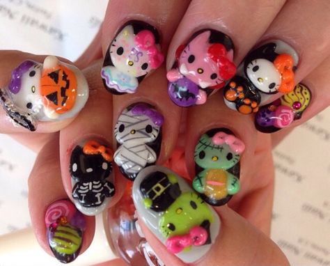 Hello kitty 3D nails by Mika for @kawaii_nails_tustin_ca Gel Nails Hello Kitty, Alt Nails, Corset Nails, Hello Kitty 3d, Hello Kitty Nail, Hello Kitty Nails Art, Kitty Nail, Kawaii Nail Art, Spooky Nails