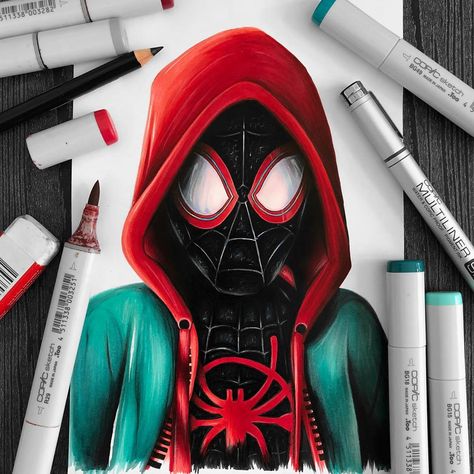 Into the Spider-Verse 🕷🕸 Drawing Ideas Spiderman, Copic Marker Drawings, Marvel Art Drawings, Art Markers Drawing, Copic Drawings, Spiderman Miles, Spiderman Drawing, Copic Marker Art, Posca Marker