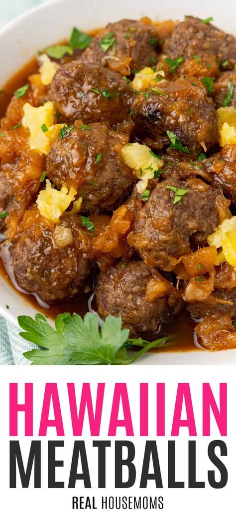 Say "aloha" to Hawaiian Meatballs! These glazed meatballs are crowd-pleasers for the neighborhood barbecue or family dinner table! #Realhousemoms #meatballs #hawaiian #crowdpleasers #bbq #cookout #potluck #summertime #4thofjuly #laborday #summerbbq #gameday #sauce Meatballs Hawaiian, Hawaiian Meatballs, Bbq Cookout, Family Dinner Table, Glazed Meatballs, Hawaiian Food, Meatloaf Recipes, Low Carb Yum, The Neighborhood