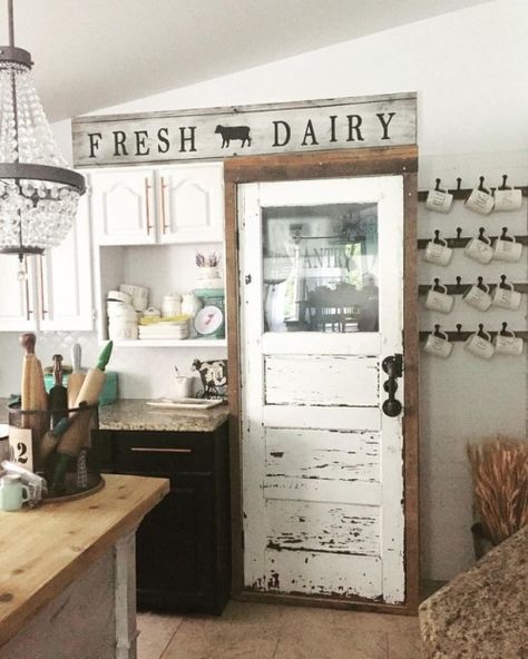 oldfarmhouse: “ Rustic FarmHouse @Celine Perreault” Unique Pantry Doors Farmhouse, Old Pantry Door, Cedar Kitchen, Rustic Pantry Door, Farm Bedroom, Western Ideas, Beautiful Pantry, Pantry Layout, Door Projects