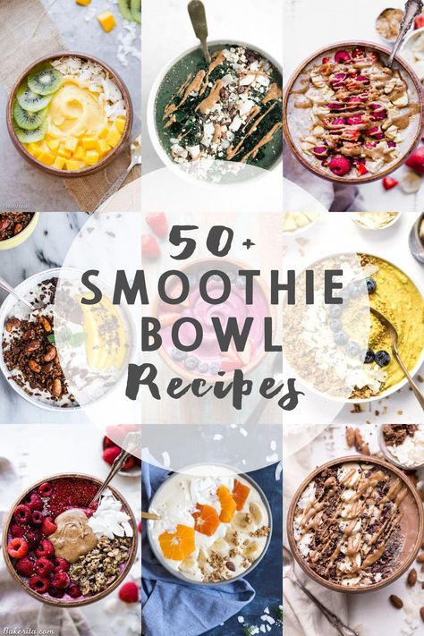 This Recipe Roundup brings together 50+ of my favorite Smoothie Bowl Recipes! These smoothie bowls and acai bowls are the perfect breakfast, snack, or dessert on a warm day. #breakfastsmoothie Breakfast Bowls Smoothie, Smoothie Bowl Ideas Breakfast Recipes, Dairy Free Smoothie Bowl, Toppings For Smoothie Bowls, Smoothly Bowl Recipes, Smooth Bowl Recipe, Smoothie Bowl Flavors, Plant Based Smoothie Bowls, Smoothie Bowl Meal Prep