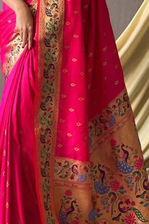 Buy Paithani Silk Sarees Collection Online at Karagiri Pink Paithani Saree, Pink Paithani, Nauvari Saree, Purple Weave, Brocade Saree, South Silk Sarees, Paithani Saree, Shocking Pink, Sarees Collection