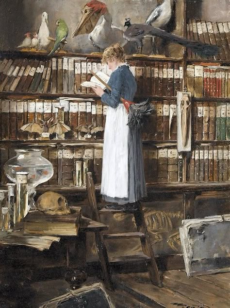 "Here's a painting by Edouard John Mentha Maid Reading in a Library, found on The Sleepless Reader blog. I love the idea of having a bunch of reproductions of women reading hanging in my library or study one day. Click to the blog to see some fabulous paintings. They make me happy!" Reading In A Library, People Paintings, Bookish Art, Women Reading, People Reading, Reading Art, Woman Reading, World Of Books, Girl Reading