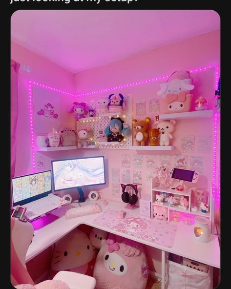 Mitsuri Themed Room, Games Room Inspiration, Dream Desk, Desk Setups, Games Room, Cute Room Ideas, Kawaii Room, Desk Setup, Gaming Setup