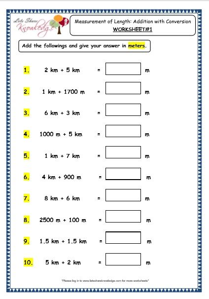 Grade 3 Maths Worksheets: (11.3 Measurement of Length – Addition with Conversion) Measurement Of Length Worksheet Grade 3, Length Measurement Worksheets, Length Worksheets For Grade 3, Measurement Worksheets For Grade 3, Grade 3 Maths Worksheets, Easy Math Worksheets, 7th Grade Math Worksheets, Volume Worksheets, Third Grade Math Worksheets