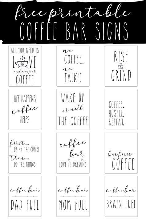 Create a functional, yet pretty coffee bar in your home using decor and any of these 12 FREE PRINTABLE Rae Dunn inspired Coffee Bar Signs. #CoffeeBar #HomeDecor #FreePrintableSigns #PrintableDecorSigns #CoffeeBarSign #CoffeeBarSigns #PrintableCoffeeBarSign #PrintableCoffeeBarSigns #RaeDunnSigns #RaeDunn via @xtremecouponmom Printable Coffee Signs Free, Coffee And Tea Signs, Free Coffee Bar Printables, Free Printable Coffee Bar Signs, Coffee Bar Svg Free, Coffee Bar Supplies, School Coffee Bar Ideas, Free Coffee Printables, Coffee Bar Sayings