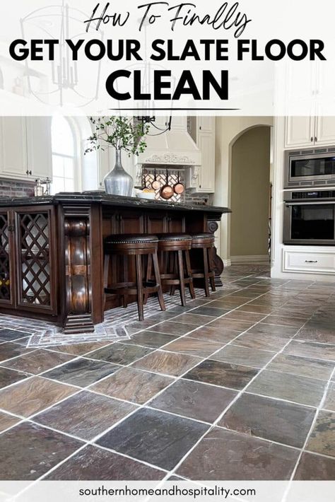 My honest first-hand experience with the best way to clean slate floors with a rustic, uneven surface. Plus easy tips and tools to use on this rough stone flooring and proper care to maintain its natural beauty for a long time! How To Clean Slate Floors, Natural Slate Floor, Slate Floors, Slate Tile Floor, Natural Stone Flooring, Storage Tips, Slate Flooring, Clean Slate, Updated Traditional