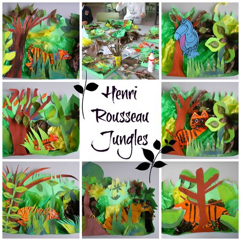 Jungle Craft Kindergarten, Rainforest Art Ks2, Henry Rousseau Art Projects For Kids, Henri Rousseau Jungle, Henri Rousseau Art Projects For Kids, Rainforest Art Projects, Jungle Art Projects, Kids Art Collage, Rousseau Art