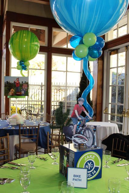 Bicycle Themed Photo Cube Centerpiece for Central Park Themed Bar Mitzvah Photo Cube Centerpiece, Cube Centerpiece, Bar Mitzvah Centerpieces, Mitzvah Centerpieces, Themed Centerpieces, Balloon Arrangement, Mitzvah Themes, Mitzvah Decor, Photo Cube