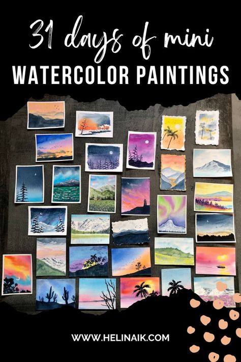 31 days of mini watercolor paintings Watercolour Painting Challenge, Easy Watercolor Postcards Ideas, Daily Watercolor Challenge, Mini Watercolor Ideas, Mini Watercolor Paintings Simple, Watercolor Challenge For Beginners, Watercolour Mini Paintings, Watercolor Small Paintings, Mini Watercolor Painting