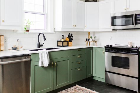 Brynn Harlock’s Striking 1,200 Sq. Ft. Home in Ontario Olive Green Kitchen, White Kitchen Decor, White Tile Backsplash, Green Kitchen Cabinets, Green Cabinets, Green Kitchen, White Kitchen Cabinets, Kitchen Paint, Kitchen Cabinet Design