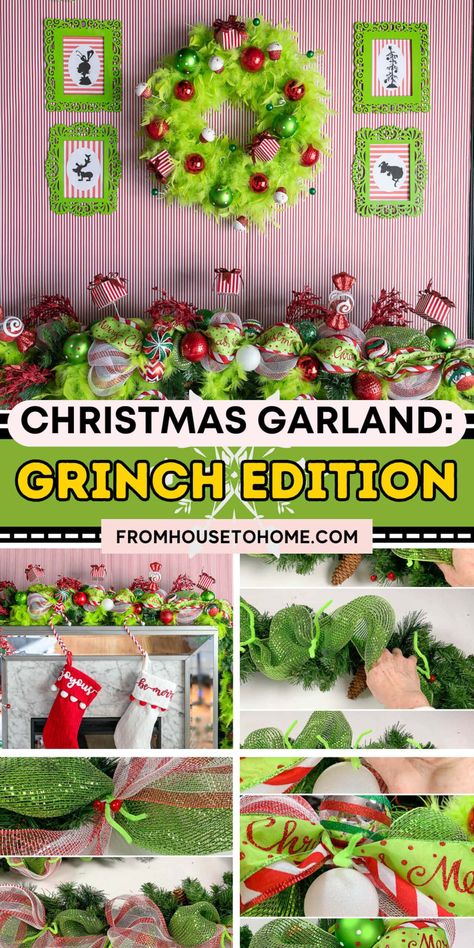 DIY Grinch Garland &#8211; A Step-By-Step Tutorial | Christmas Grinch Garland Diy, Grinch Garland, Christmas Pictures With Lights, Christmas Lights Diy, Christmas Holidays Decorations, Whoville Christmas Decorations, Crafts Christmas Ideas, Diy Grinch, Holiday Ideas Christmas