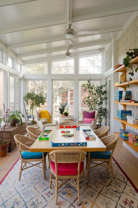 Follow the link for sunroom game area ideas. 🎲🏠 Turn your sunroom into a fun game zone with a large table for board games, puzzles, and family activities. Add comfortable seating and playful accents to create a lively atmosphere where everyone can enjoy their favorite games. 🌟🎉 Sunroom Game Room Ideas, Game Area Ideas, Sunroom Playroom Ideas, Antique Recipes, Sunroom Bedroom, Sunroom Playroom, Game Area, Game Zone, Sunroom Designs