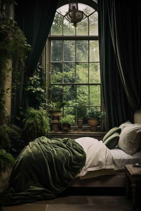 Green Gothic Bedroom, Romance Room, Dark Green Rooms, Boho Decor Ideas, Monochrome Bedroom, Bedroom Vibes, Gothic Bedroom, Moody Bedroom, A Aesthetic