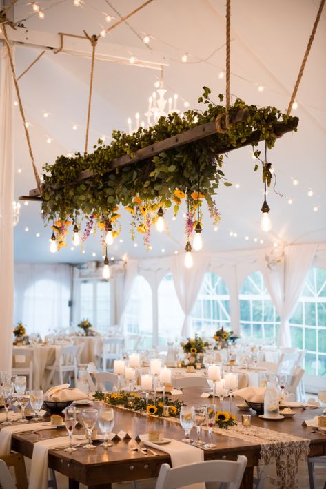 Floral Ladder Hanging, Hanging Ladder With Greenery, Hanging Ladder Flowers Wedding, Over Table Hanging Decorations, Wedding Ladder, Bridal Suite Decor, Ladder Wedding, Spring Backyard, Suite Decor