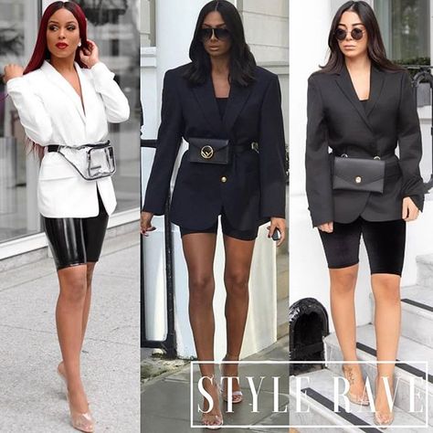 SR TRENDS: A look back at one of 2018's most interesting trend - Oversized Blazer x Biker [skinny] Shorts! Through the year Style Ravens across the globe took to the streets in their power blazer sporty shorts geometrical shaped sunnies structured mules and an attitude to match the vibe. As we look ahead to 2019 be rest assured that this power athleisure trend will continue well into the new year....So don't tuck them away just yet. Were you a huge fan of this trend? #SRTrends #StyleRave Be su Structured Clothing, Structure Clothing, Cycling Shorts Outfit, Biker Shorts Outfit, Athleisure Trend, Summer Shorts Outfits, Sporty Shorts, Summer Ootd, Tights Outfit