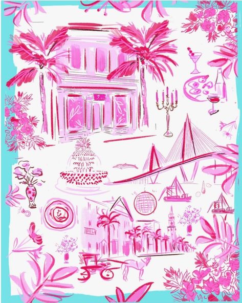 This art piece is a vibrant and whimsical illustration featuring various iconic elements of Charleston. The artwork is primarily composed of shades of pink and red with accents of blue, creating a lively and cheerful atmosphere! Whimsical Illustration, Shades Of Pink, Pink And Red, Pitcairn Islands, Mauritius, British Indian Ocean Territory, Caribbean Netherlands, Charleston, Lilly Pulitzer