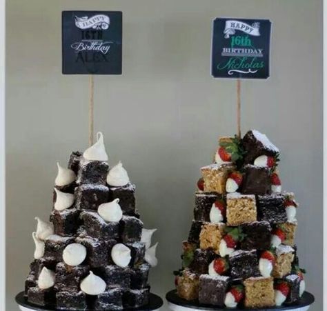 Brownie towers Brownie Birthday Cake Tower, Brownie Flavours, Brownie Wedding, Brownie Wedding Cakes, Brownie Tower, Festa Jack Daniels, Brownie Birthday, Birthday Cake Brownies, Cake Alternatives