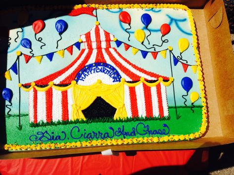 Carnival theme/big top sheet cake design Cake Drawings, Carnival Birthday Cakes, Sheet Cake Ideas, Carnival Birthday Theme, Birthday Sheet Cake, Circus Birthday Cake, Dq Cake, Carnival Cakes, Carnival Birthday Party Theme