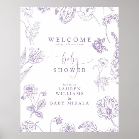 Vintage Lilac Lavender Floral Script Baby Shower Poster  Zazzle Purple Flower Border Design, Lilac Baby Shower, Vintage Line Art, Lavender Nursery, Lavender Baby Showers, Vintage Lilac, Line Art Flowers, Lilac Blossom, Baby Shower Purple