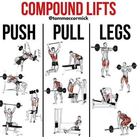 The exercises shown are not an exhaustive list! They are just examples. There are many others in each category, but you should get the idea. -Compound lifts are multi-joint/multi-muscle group lifts. -Isolation exercises are single-joint/single-muscle group lifts. This has been my go-to for training split for those times when I've needed to centre myself again and get "boring yet productive." I based the first phase of the Super Soldier Protocol around push-pull-legs for good reason. Compound Pull Exercise, Push Pull Workout Routine, Push Pull Legs Workout, Training Split, Push Day Workout, Push Pull Workout, Pull Day Workout, Pull Day, Isolation Exercises