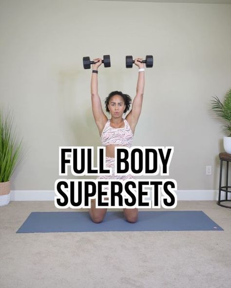 Britany Williams on Instagram: "Try this FULL BODY STRENGTH workout to build muscle and strength using dumbbells and a box/chair/bench. 👉🏽12 reps each exercise (each side as necessary) 👉🏽Complete the 2 exercises in the superset without rest 3x each 👉🏽Then rest 90 seconds before moving to the next superset SUPERSET 1 ➕Kneeling Arnold Press ➕Eccentric Goblet Squat (Slow Tempo on the Down) SUPERSET 2 ➕Half Kneeling Windmill ➕Front Foot Elevated Curtsy Lunge SUPERSET 3 ➕Single Leg Tricep Exten Body Strength Workout, Full Body Strength Workout, Arnold Press, Lateral Lunges, Goblet Squat, Kettlebell Swings, Muscle Building Workouts, Reverse Lunges, Body Strength