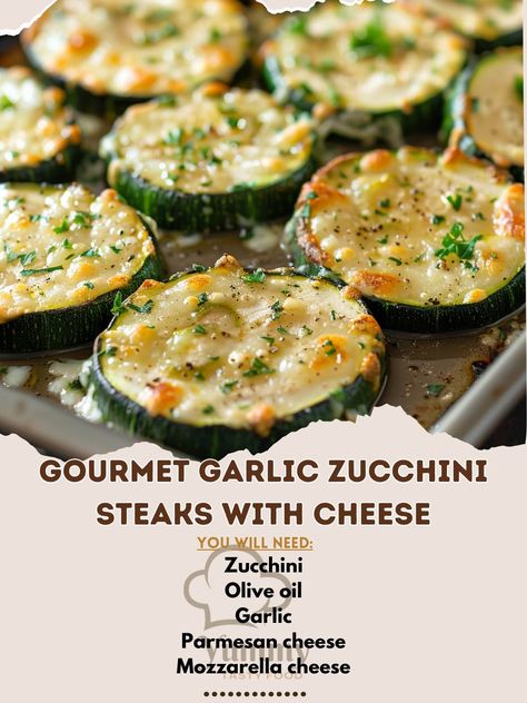 🧄🧀 Elevate your zucchini with these Gourmet Garlic Zucchini Steaks with Cheese! #GourmetEats #ZucchiniLovers Gourmet Garlic Zucchini Steaks with Cheese Ingredients: Zucchini (4, sliced lengthwise) Olive oil (2 tbsp) Garlic (4 cloves, minced) Parmesan cheese (1/2 cup, grated) Mozzarella cheese (1 cup, shredded) Salt and pepper (to taste) Fresh parsley (2 tbsp, chopped) Instructions: Preheat oven to 400°F (200°C). Brush zucchini slices with olive oil and season with salt and pepper. Arrange... Zucchini Steaks, Garlic Zucchini, Zucchini Slice, Garlic Parmesan, Parmesan Cheese, Fresh Parsley, Mozzarella Cheese, Parsley, 1 Cup