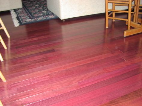 My new obsession- purpleheart wood! Pink Wood Stain, River Rock Bathroom, Manhattan House, Hardwood Flooring Ideas, Paint Color Combos, Purple Heart Wood, Geometric Living Room, Maple Floors, Rental Property Management