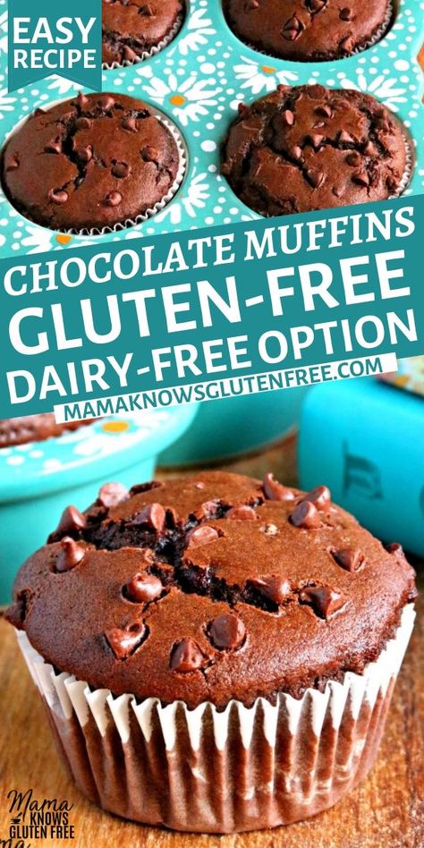 Gluten-free double chocolate muffins in a blue muffin pan. Gluten Free Chocolate Muffins Recipes, Double Chocolate Muffins Gluten Free, Glutenfree Muffins, Gluten Free Chocolate Chip Muffins, Gluten Free Chocolate Muffins, Dairy Free Muffins, Gluten Free Dairy Free Dessert, Gluten Free Chocolate Recipes, Gluten Free Bagels