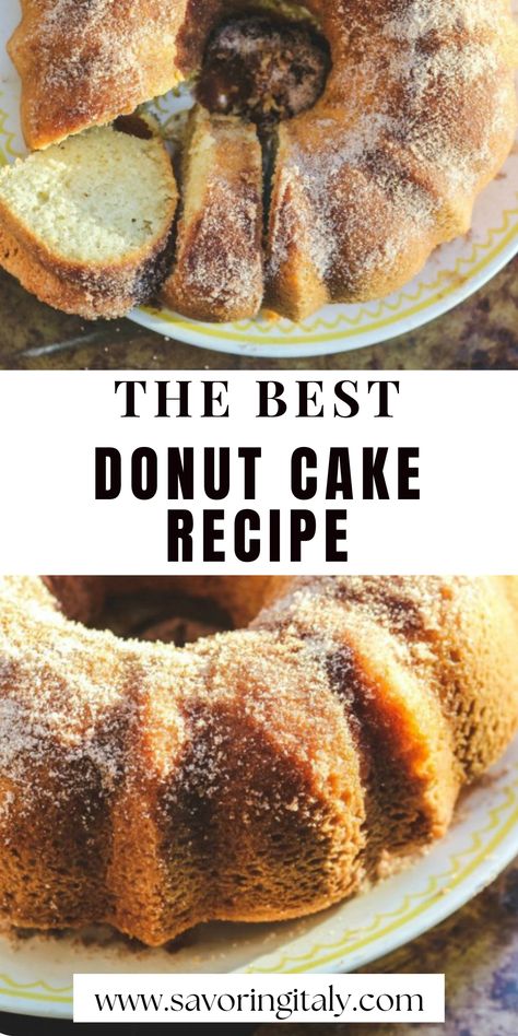 This recipe is for delicious and moist homemade donut cake – a classic favorite! This cake is made with simple ingredients such as all-purpose flour, baking powder, sugar, salt, eggs, butter, and milk – plus the addition of nutmeg for an extra special flavor. The donut cake is baked in a round pan and finished off with a sweet glaze. Enjoy this classic treat for breakfast, dessert or any time you need to satisfy your sweet tooth! Baked Cake Donut Recipes With Donut Pan, Old Fashioned Donut Loaf, Cinnamon Donut Cake, Donut Pound Cake, Donut Cake Recipe, Donut Bundt Cake, Cake Donut Recipe, Donut Cakes, Cake Flour Recipe