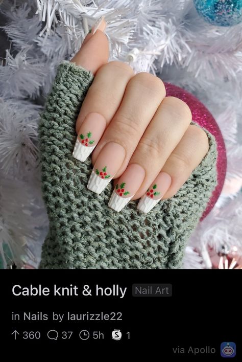 Christmas Cable Knit Nails, Christmas Nails Knitted, Holly And Ivy Nails, Holly Christmas Nails, Holly Nail Art, Cable Knit Nails, Knit Nails, Holly Nails, Christmas Manicure