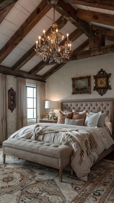 Elegant Bedroom Interior: A cozy and stylish bedroom with exposed beams, chandelier lighting, and tasteful, rustic decor elements. #bedroom #interior #elegance #cozy #stylish #aiart #aiphoto #stockcake ⬇️ Download and 📝 Prompt 👉 https://ayr.app/l/8vRA Beamed Ceilings Bedroom, Luxury Bedroom Master High Ceilings, Classic Cozy Bedroom, Wood Beams In Bedroom, Bedroom Exposed Beams, Beamed Bedroom, Vintage Interior Design Cottage Style, Beams Bedroom, Rustic Romantic Bedroom