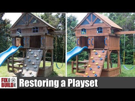 Playset Makeover, Wood Playhouse, Playground Landscaping, Backyard Playset, Outdoor Playhouse, Diy Playhouse, Kids Play Set, Build A Playhouse, Wooden Playset