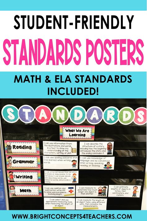 I LOVE this teacher time saver! These kid-friendly Common Core standards posters make displaying and understanding the CCSS painless and easy! Available for grades K-5. #standardsposters #timesaver #classroomideas #commoncore Third Grade Common Core Standards, Display Standards In Classroom, Math Practices Posters, Math Activities Elementary, Teacher Freebies, 4th Grade Classroom, Arts Ideas, Teacher Tips, First Grade Classroom