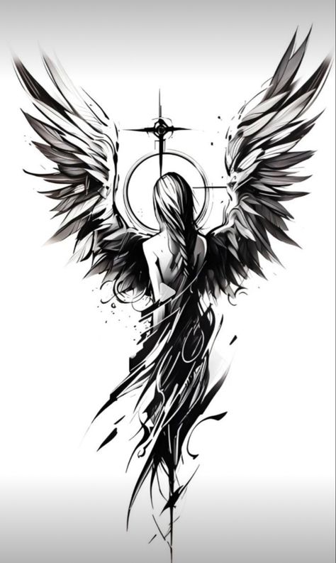 Cover Up Tattoos Stencil, Dark Angel Drawing, Tato Cover, Angels Tattoo Designs, Dark Angel Tattoo, Angel Warrior Tattoo, Wing Tattoo Men, Angel Tattoo Designs, Tattoos For Black Skin