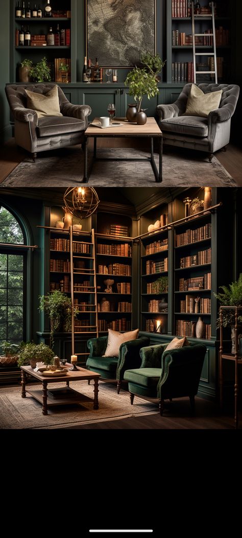 Library Room Design Modern, Homes And Gardens Magazine Uk, Small Home Study Room Ideas, Dark Library Living Room, Masculine Sitting Area, Dark Wall Library, Victorian Library Study Small, Emerald Green Library Room, Modern Library Room Ideas