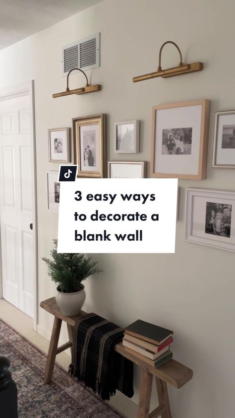 3 easy ways to fill a blank wall in your home: 1.) hang a gallery wall. And then elevate it with some inexpensive battery powered picture lights! 2.) install a peg rail with beadboard trim. This project only took a day and a half to complete! 3.) have an entry space or nook you don’t know what to do with? Add a bench and some art, and call it good. #diyprojects #diyblogger #homedecor #home #howto #diy #homeblogger #pegrail #gallerywall #entrywaymakeover #homerenovation #homeonharbor Beadboard Trim, Fill A Blank Wall, Wall Nook, Peg Rail, Picture Lights, Blank Walls, Picture Light, Wall Spaces, Home Renovation