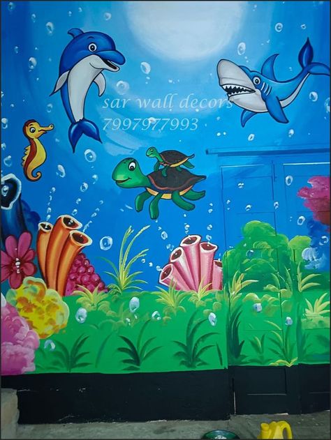 sea world wall painting for school Highschool Classroom, Painting For School, School Wall Art Ideas, Cartoon Wall Painting, School Wall Painting, Yarn Crafts For Kids, Ocean Drawing, 3d Wall Painting, Preschool Classroom Decor