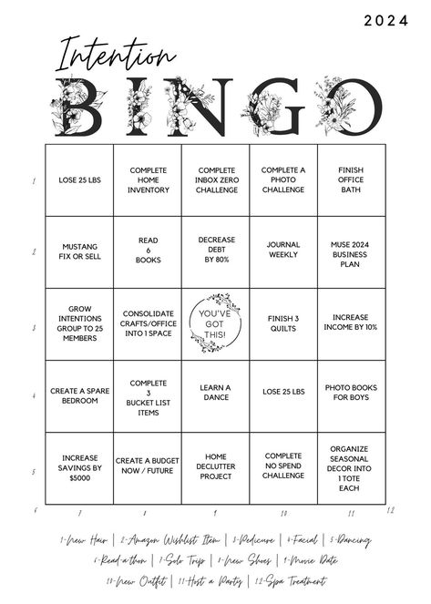 2024 Intention Bingo Goals For 2024 List, Bingo Goals, Vision Board Craft, End Of Year Journal, Bingo Card Ideas, Year Journal Prompts, Vision Board Planning, Game Night At Home, Intention Board