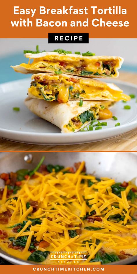 Easy Breakfast Tortilla with Bacon and Cheese. These breakfast quesadillas are actually so good you could even serve them for lunch or dinner! This Breakfast Tortilla hack is one of my favorite breakfasts and it is actually a cross between a quesadilla and a breakfast egg scramble! Load your fresh flour tortilla with cheese, eggs, avocado, tomato, and more! Include all your favorite toppings and get the recipe here. Bacon Egg Cheese Tortilla, Flour Tortilla Breakfast Ideas, Breakfast Corn Tortilla, Breakfast With Tortillas, Breakfast Egg Scramble, Tortilla With Cheese, Flour Tortilla Enchiladas, Leftover Bacon, Tortilla Hack