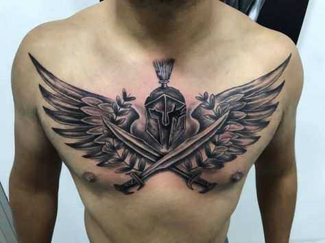 Spartan Chest Tattoo, Herren Hand Tattoos, Family Tattoos For Men, Chest Tattoo Ideas, Small Chest Tattoos, Spartan Tattoo, Mechanic Tattoo, Geometric Sleeve Tattoo, Chest Hair