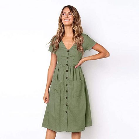 Summer Dresses for Women Casual Midi Dress Short Sleeve Shirt Dress V Neck Button Down Swing A Line Tunic Dress with Pockets: Amazon.co.uk: Clothing Mini Dress Fashion, Mini Robes, Midi Dress Casual, Midi Short Sleeve Dress, Vintage Casual, Fashion Pattern, Dresses Short, Short Sleeve Dress, Shorts With Pockets