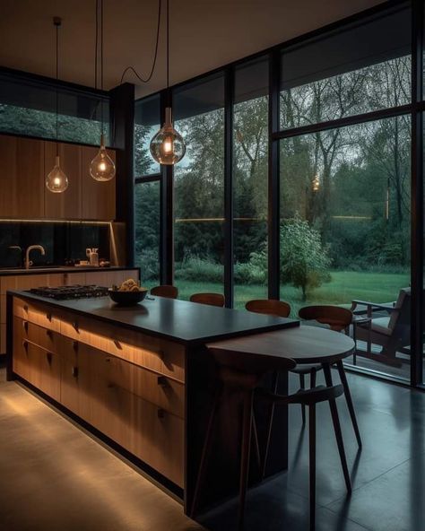 Dark Wood Design Interior, Dark House Aesthetic Bedroom, Modern Black And Wood House Interior Design, Kitchen Astethic Dark, Big Dark Kitchen, Dark Theme Kitchen Ideas, Dark Kitchen Astethic, Dark Homes Interior, Dark Interior Barndominium