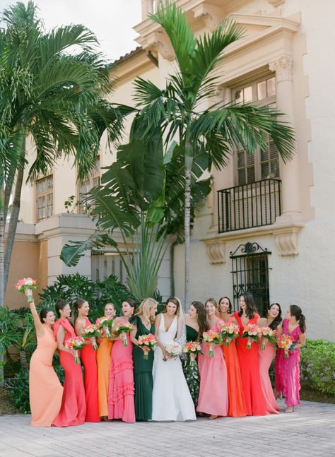 This Couple Had an <i>I Love Lucy</i>-Inspired Photo Booth at Their Miami Wedding Tropical Bridesmaid Dresses, Tropical Bridesmaids, Bright Bridesmaids, Colorful Tropical Wedding, Perez Art Museum Miami, Bright Bridesmaid Dresses, Colorful Bridesmaids, Bride Things, Sayulita Wedding