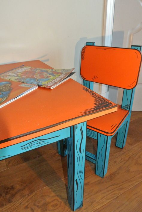 Childrens Chair, Kids Desks, Book Graphic, Painted Chair, Childrens Table, Kids Table And Chairs, Painted Chairs, Single Chair, Funky Painted Furniture