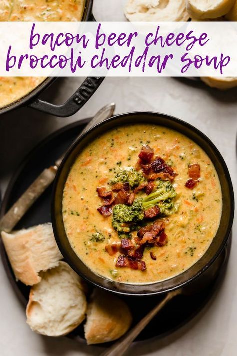 bacon beer cheese broccoli cheddar soup Cheddar Cheese Soup Recipes, Soup Recipes Broccoli, Cheddar Beer Soup, Beer Cheddar Soup, Puree Soup, Beer Cheese Soup Recipes, Simple Soups, Beer Soup, Cooking Hobby